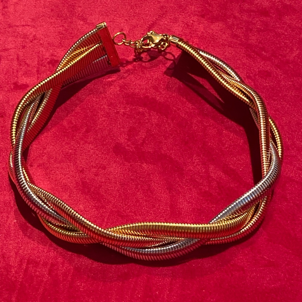 18k Gold Plated Interwoven Tri Color Snake Choker Necklace